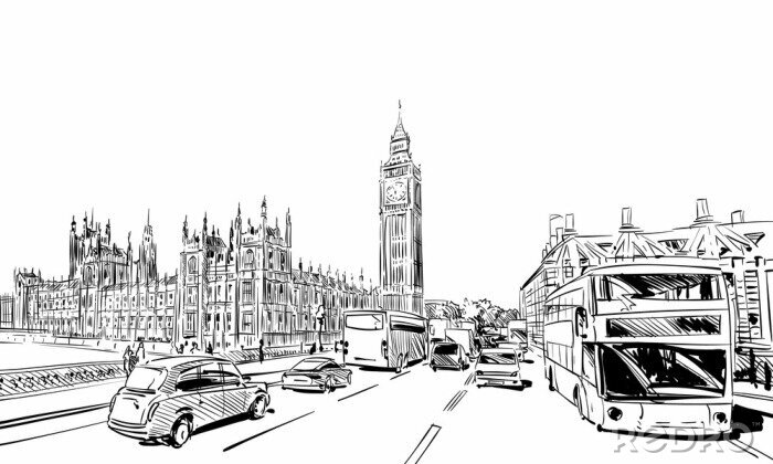 Sticker London Stadtbild Hand gezeichnet. Big Ben. England. Vektor-Illustration.
