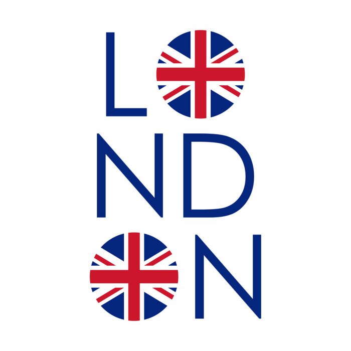Sticker London typography design with circle UK flag. London banner, poster, sport t-shirt print design and apparels graphic. Vector illustration.