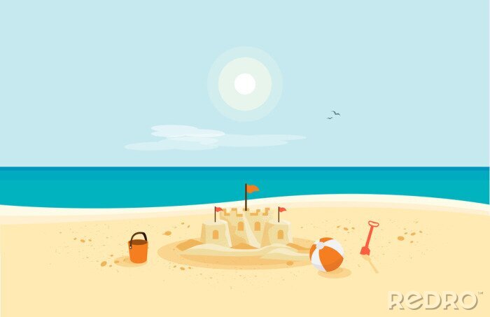 Sticker Lonely sand castle on sandy beach with blue sea ocean water and coast line clear summer sunny sky in background. Kid toys left on sand on holiday. Minimalist cartoon style flat vector illustration.