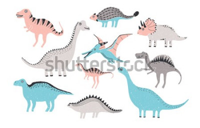 Sticker lustige Dinosauriersammlung. Niedliche kindliche Figuren in Pastellfarben. Bunte Hand gezeichnete Illustration