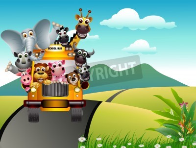 Sticker lustige Tier auf gelben Auto mit Landschaftshintergrund