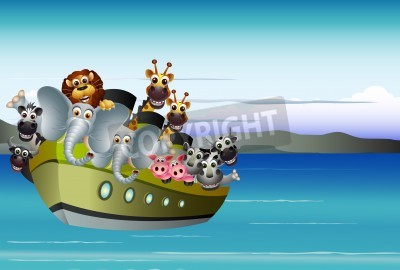 Sticker lustiger Tierkarikatur auf großem Dampfschiff
