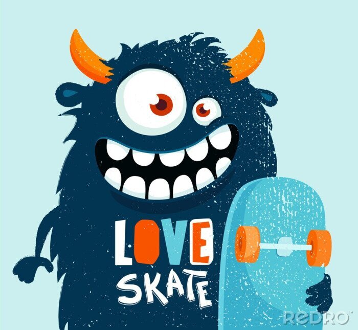 Sticker Lustiges Cartoon-Monster mit Skateboard.  Vektorillustration