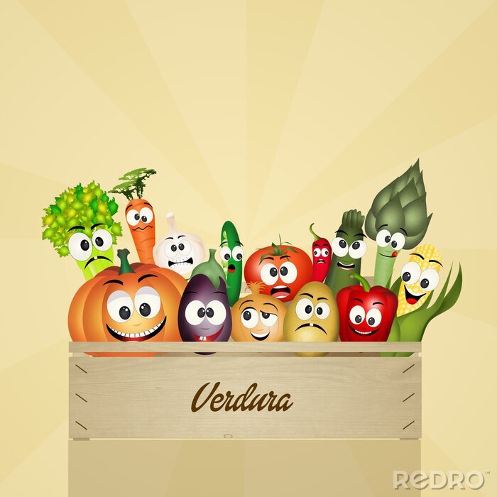 Sticker Lustiges Gemüse in einer Holzkiste