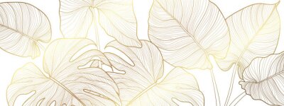 Sticker Luxury gold and nature green background vector. Floral pattern, Golden split-leaf Philodendron plant with monstera plant line arts, Vector illustration.