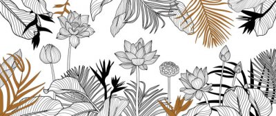 Sticker Luxury golden art deco wallpaper. lotus  background vector. Floral pattern with golden tropical flowers, monstera plant, Jungle plants line art on white background. Vector illustration.