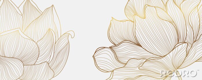 Sticker Luxury wallpaper design with Golden lotus and natural background. Lotus line arts design for fabric, prints and background texture, Vector illustration.