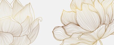 Sticker Luxury wallpaper design with Golden lotus and natural background. Lotus line arts design for fabric, prints and background texture, Vector illustration.
