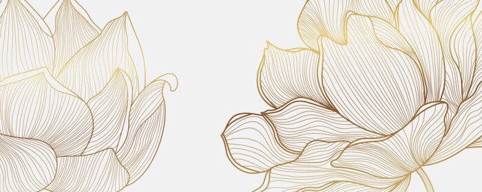 Sticker Luxury wallpaper design with Golden lotus and natural background. Lotus line arts design for fabric, prints and background texture, Vector illustration.