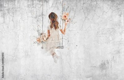 Mädchen auf einer Schaukel mit Blumen und Betoneffekt im Hintergrund