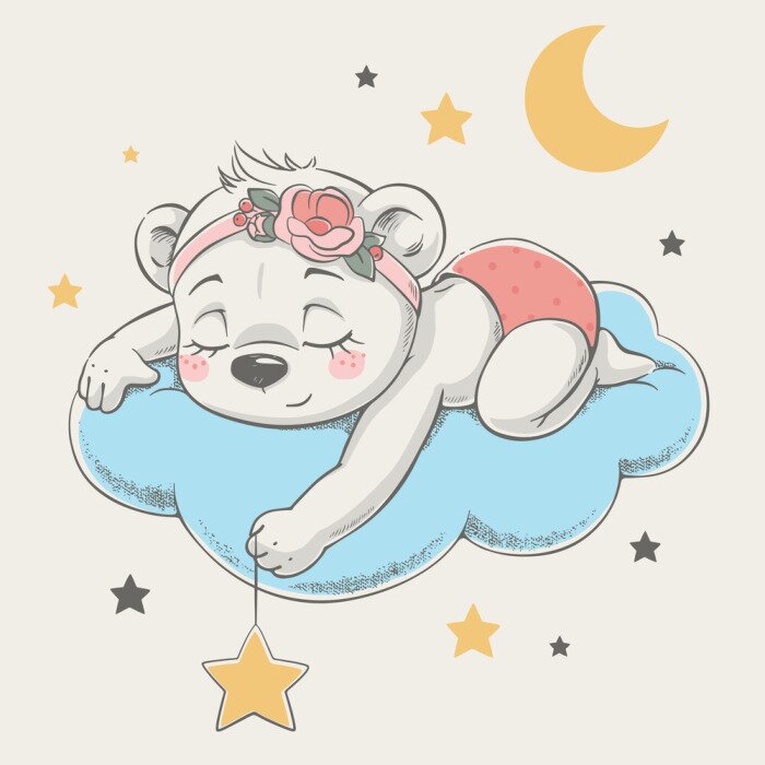 Sticker Mädchen Bärchen auf einer Wolke schlafend