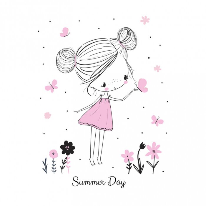 Sticker Mädchen im rosa Kleid und ein Schmetterling fliegt auf sie zu