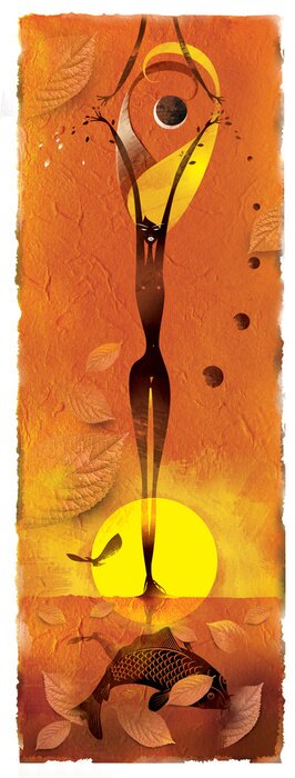 Sticker Mädchen mit Blättern stehen in den Teich in der Sonne