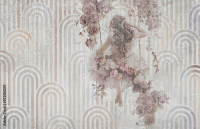 Mädchen mit Blumen auf einer Schaukel, geometrischer Hintergrund
