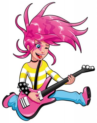 Sticker Mädchen mit E-Gitarre. Vektor-Illustration, isoliert Objekt.