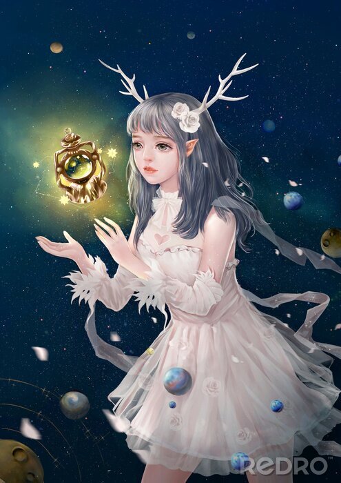 Sticker Mädchen mit Elfenohren und kosmischem Hintergrund