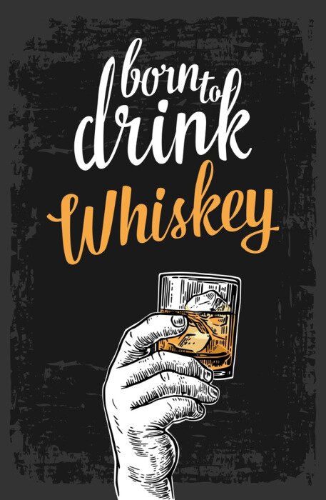 Sticker Männliche Hand hält ein Glas mit Whiskey und Eiswürfel. Vintage Vektor-Gravur Illustration für Label, Poster, Einladung zu einer Party