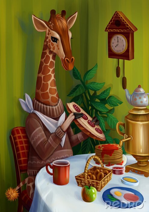 Sticker Märchenhafte Illustration mit Giraffe am Tisch
