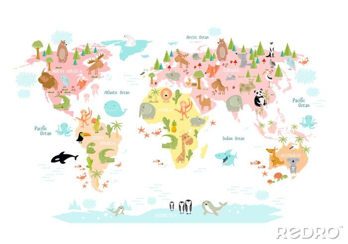 Sticker Märchentiere auf einer Weltkarte