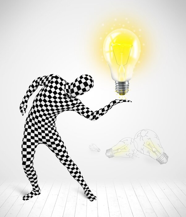 Sticker Man in voller Körper mit leuchtende Glühbirne