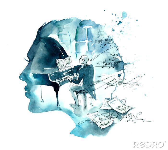 Sticker Mann spielt Klavier Aquarellmalerei