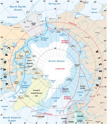Sticker Map of the Arctic region, the northwest passage and the northern sea route