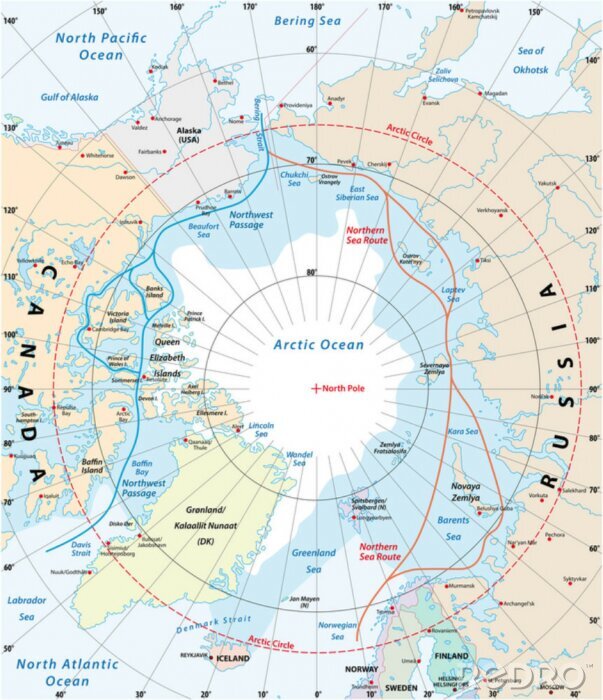 Sticker Map of the Arctic region, the northwest passage and the northern sea route