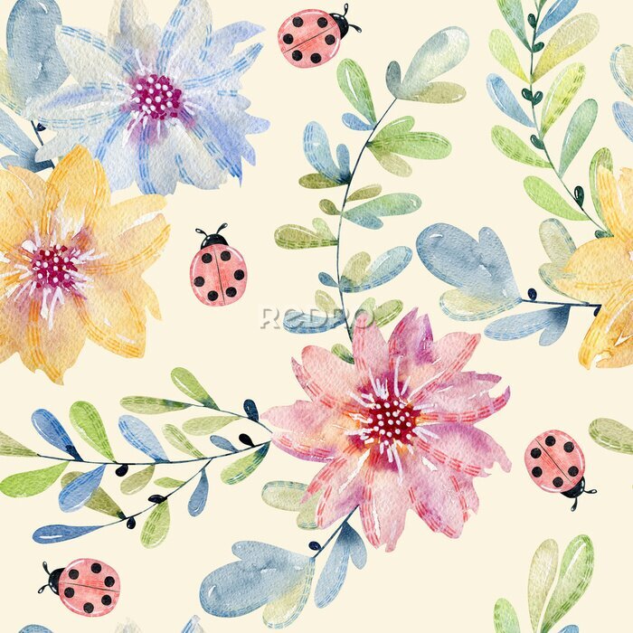 Sticker Marienkäfer inmitten von bunten Aquarell-Blumen