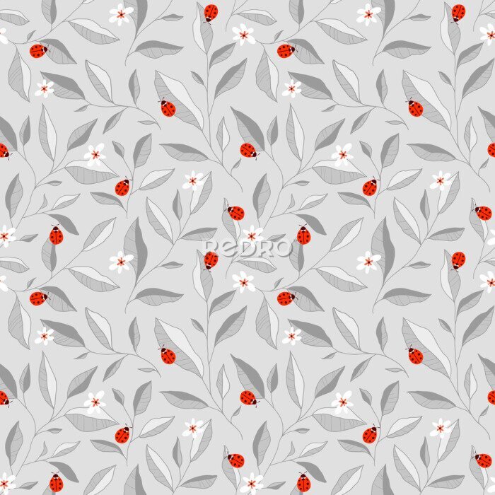 Sticker Marienkäfer-Muster auf grauem Blätter-Hintergrund