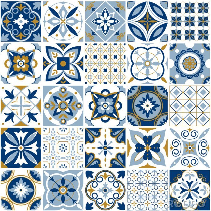 Sticker Marokkanisches Muster.  Dekor Fliesen Textur mit blauen Ornament.  Traditionelle arabische und indische Keramik, die nahtlosen Mustervektorsatz kachelt