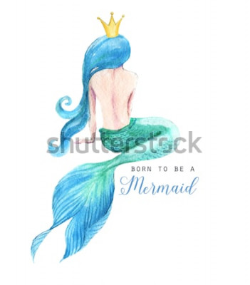 Sticker Meerjungfrau-Charakterillustration des von Hand gezeichneten Aquarells schöne. Seeschablone für Plakat, Karte, Einladung. Geboren um eine Meerjungfrau zu sein.