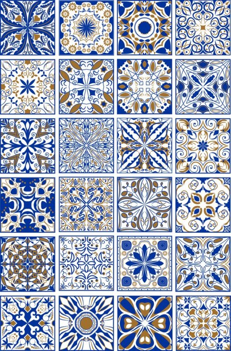 Sticker Mega Satz von traditionellen spanischen oder portugiesischen Keramik und Keramik Zierfliesen in Indigo und goldenen Design.
