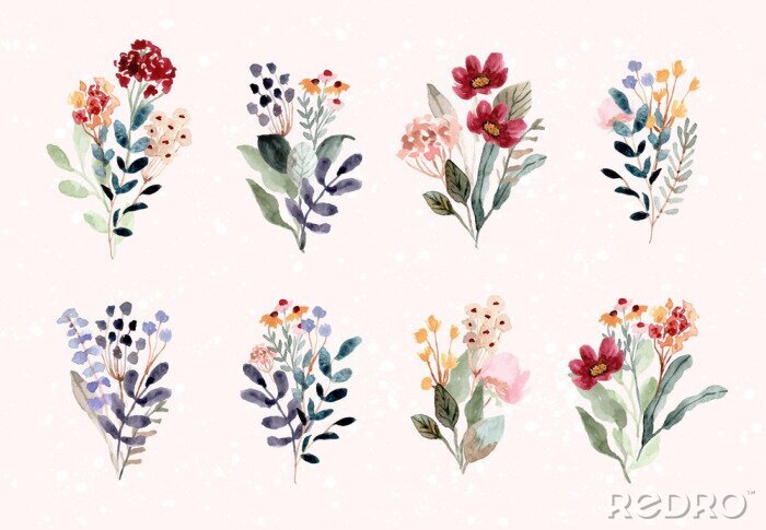 Sticker Mehrfarbige Blumensträuße mit Aquarellfarben gemalt
