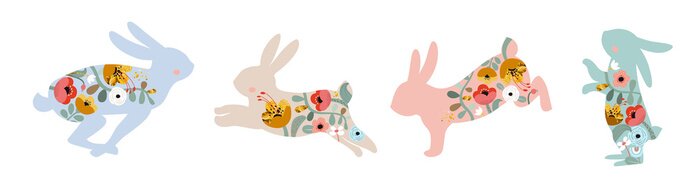 Sticker Mehrfarbige Hasensilhouetten mit Blumen
