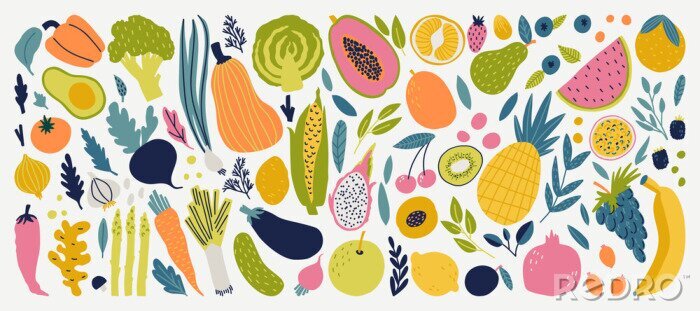 Sticker Mehrfarbige Zeichnungen von Gemüse und Obst