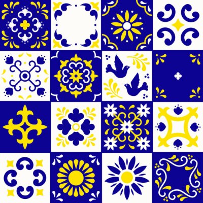 Sticker Mexican talavera pattern. Ceramic tiles with flower, leaves and bird ornaments in traditional style from Puebla. Mexico floral mosaic in blue, yellow and white. Folk art design.