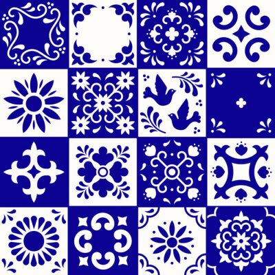Sticker Mexican talavera pattern. Ceramic tiles with flower, leaves and bird ornaments in traditional style from Puebla. Mexico floral mosaic in navy blue and white. Folk art design.