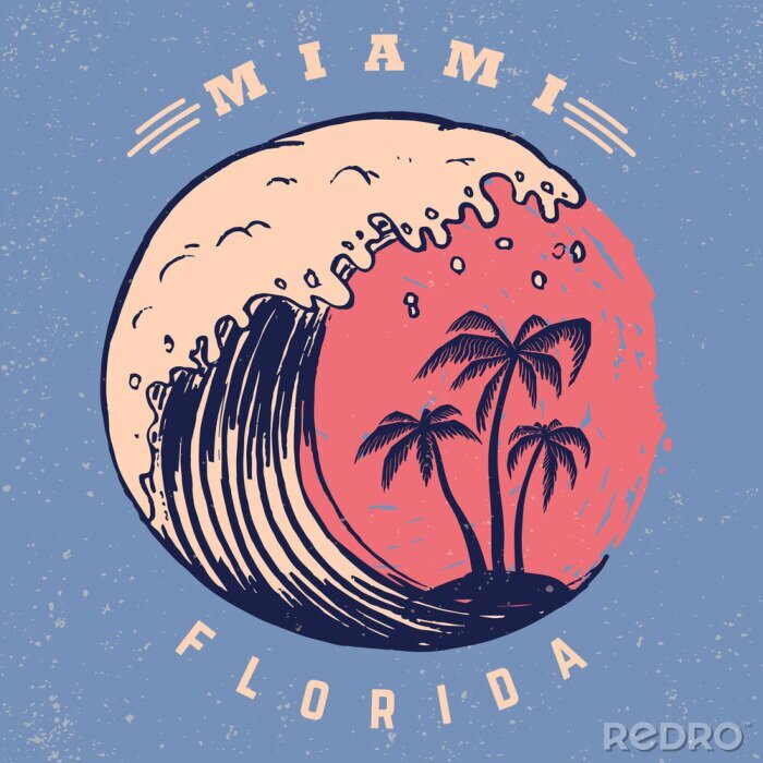 Sticker Miami. Poster template with lettering and palms.