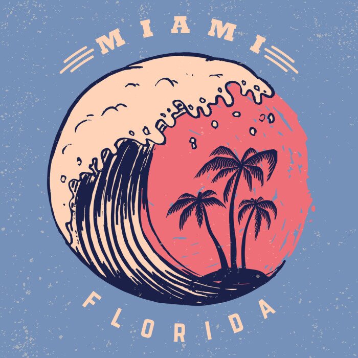 Sticker Miami. Poster template with lettering and palms.