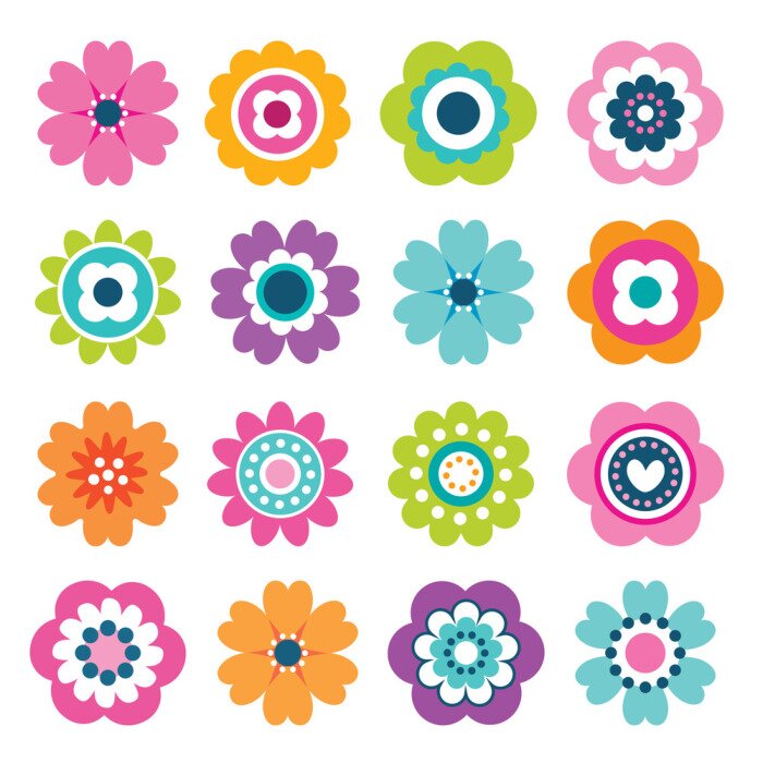Sticker Minimalistische Grafiken mehrfarbiger Blumen