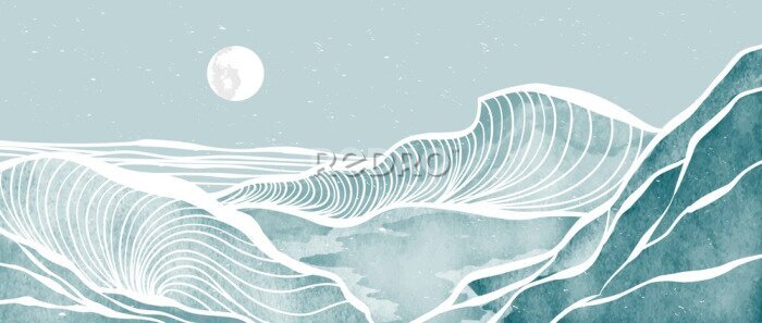 Sticker Minimalistische Landschaft mit Meer und Bergen