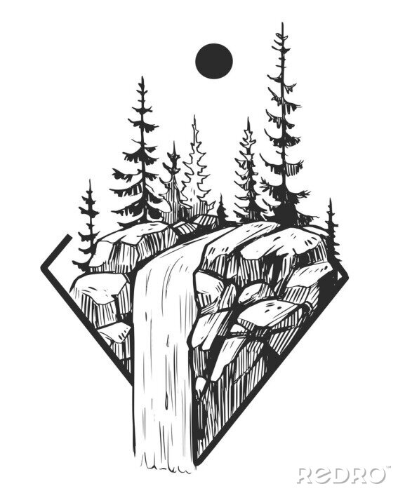 Sticker Minimalistische Landschaft mit Wasserfall