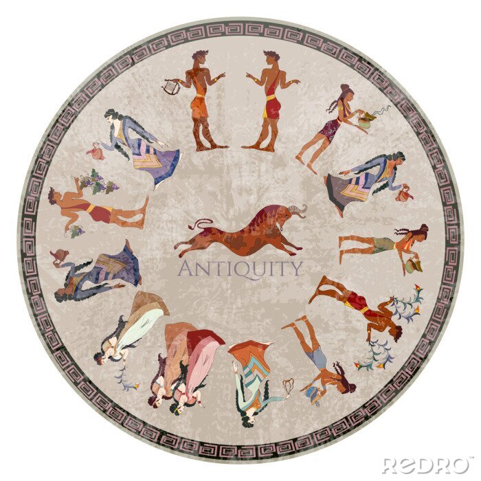 Sticker Minoan civilization. Ancient Greece frescos. Jumping bulls and goddesses. Ancient Crete. Heraklion. Cicrcle Knossos murals mythology