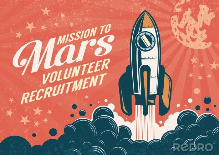Sticker Mission to Mars - poster in retro vintage style with rocket taking off. Worn texture on a separate layer.