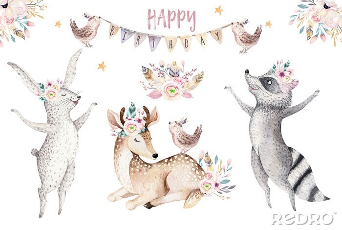 Sticker Mit Blumen geschmückte Tiere, die einen Geburtstag feiern