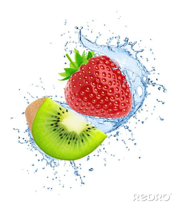 Sticker Mit Wasser bespritzte Erdbeere und Kiwi