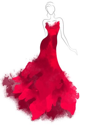 Sticker Model sketch silhouette in beautiful red dress. Fashion digital watercolor illustration