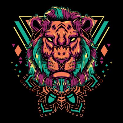 Sticker Modern lion head mandala geometry vector illustration on black background for t-shirt, sticker, posters. Animal tattoo style 