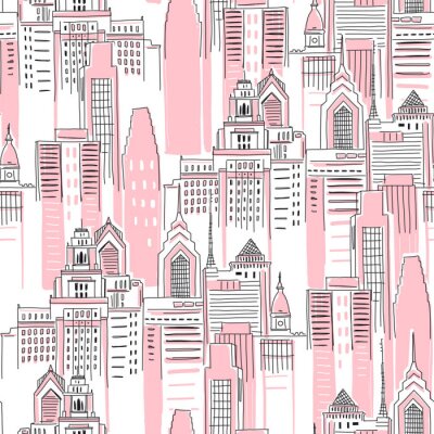 Moderne New Yorker Stadtlandschaft in der rosa Farbe. Nahtloses Muster des mädchenhaften Superheldenmotivs. Vektor-Doodle-Grafiken. Vervollkommnen Sie für kleines Mädchenentwurf wie T-Shirt Textil Sto