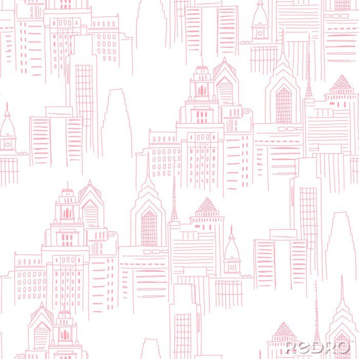 Sticker Moderne New Yorker Stadtlandschaft in der rosa Farbe. Neutrales nahtloses Muster des mädchenhaften Superheldenmotivs. Vektor-Doodle-Grafiken. Vervollkommnen Sie für kleines Mädchenentwurf wie T-Shirt 